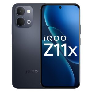 iQOO Z11x 5G Titan Black smartphone front and back view with dual camera and modern design iQOO Z11x 5G price in India